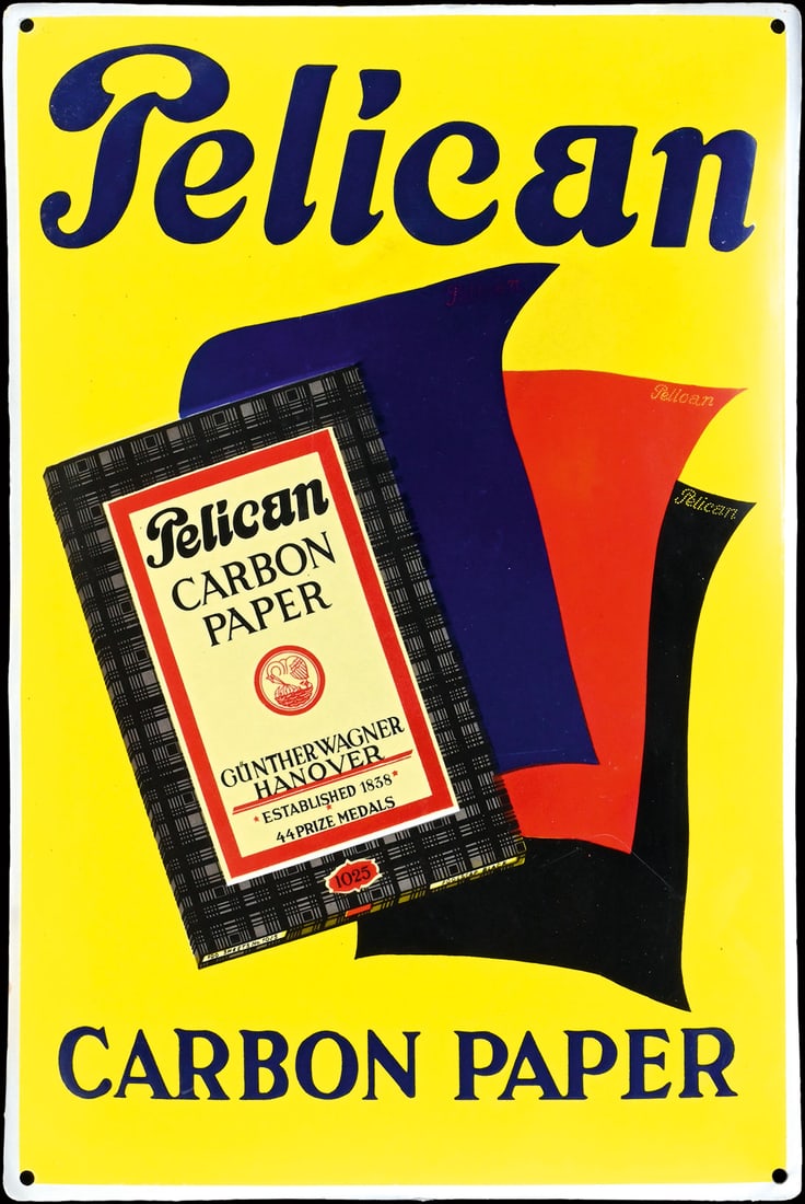 PELICAN - CARBON PAPER | PORCELAIN SIGN | (3/R): Porcelain sign ( Enamel sign ), convex, stenciled and lithographed, GER around 1930, 40 x 60 cm, professionally restored, mainly in the border and corner area, small damages on the lettering and on th