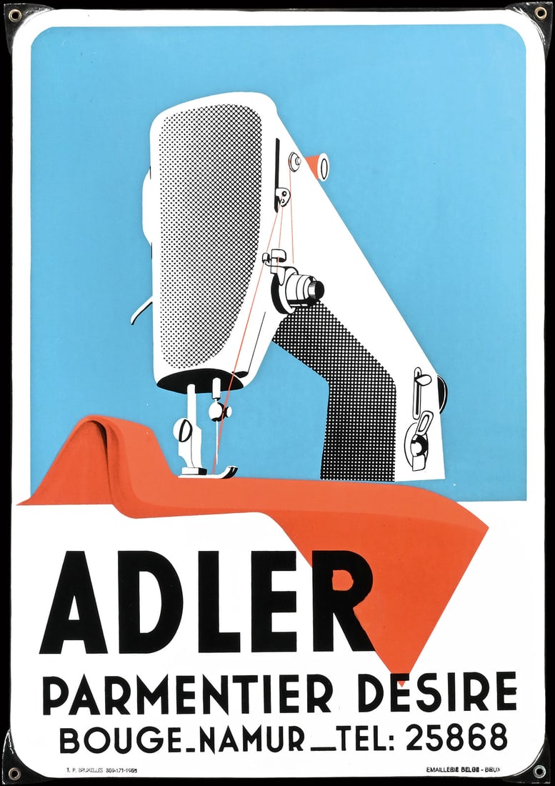ADLER NAEHMASCHINEN | PORCELAIN SIGN | (1+): Porcelain sign ( Enamel sign ), stenciled, Namur/BE 1953, 42 x 60 cm, Emaillerie Belge | We do only sell old original pieces - no reproductions or fakes. We pack in house, most items can be shipped ov