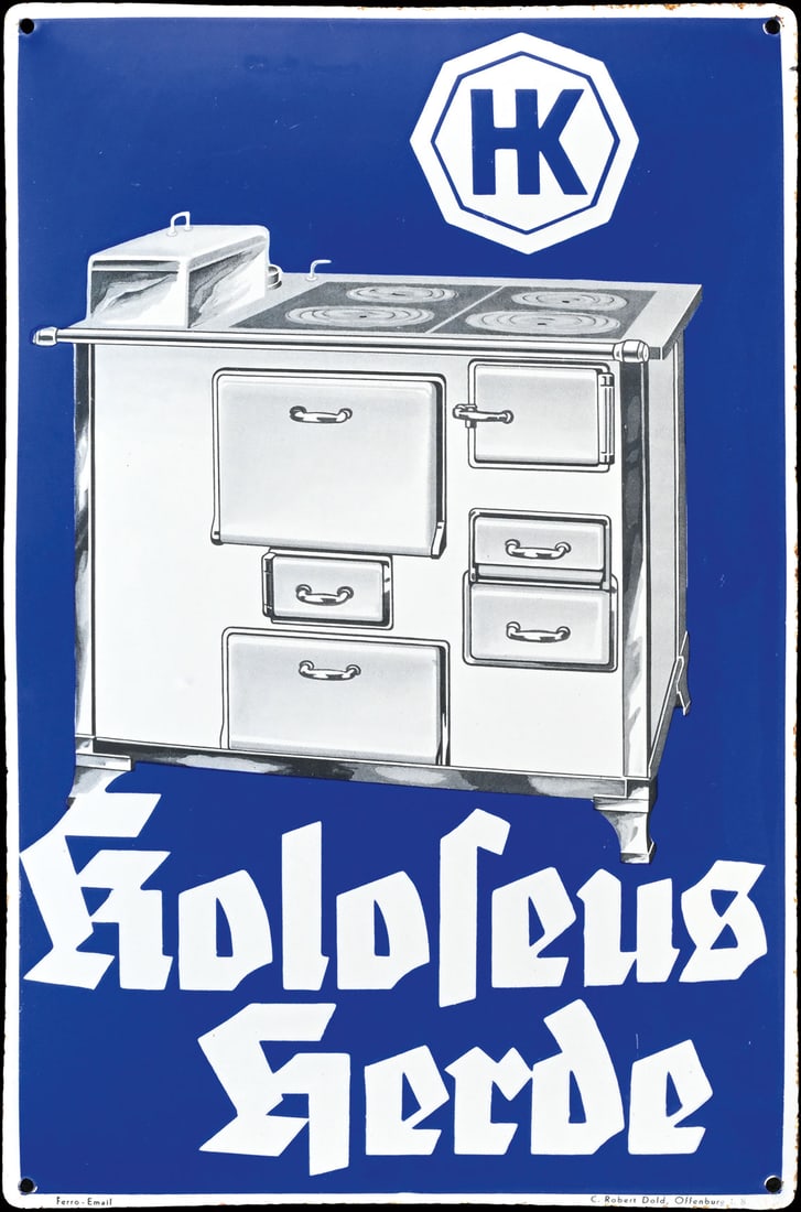 KOLOSEUS HERDE | PORCELAIN SIGN | (1): Porcelain sign ( Enamel sign ), convex, stenciled and lithographed, GER around 1930, 33 x 50 cm, Ferro Email, C. Robert Dold, Offenburg i.B., perfect gloss, scratches, the lithograph still as on day o