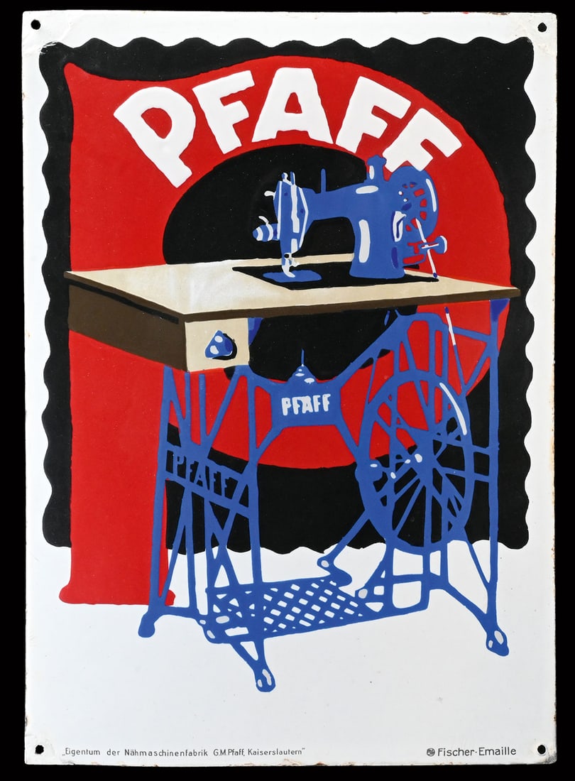 PFAFF | PORCELAIN SIGN | (2): Porcelain sign ( Enamel sign ), convex, stenciled and lithographed, GER around 1930, 36 x 51 cm, Fischer-Emaille, design: Ludwig Hohlwein, the corner damages have been touched up, heavy iron, rare | W