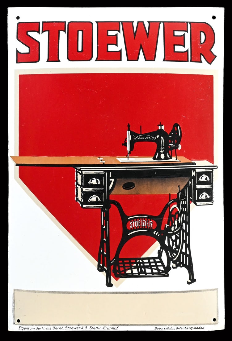 STOEWER NAEHMASCHINEN | PORCELAIN SIGN | (1): Porcelain sign ( Enamel sign ), convex, stenciled and lithographed, GER around 1930, 40 x 60 cm, Boos & Hahn,. Ortenberg-Baden, small touched up corner damage, perfect gloss and colors | We do only se