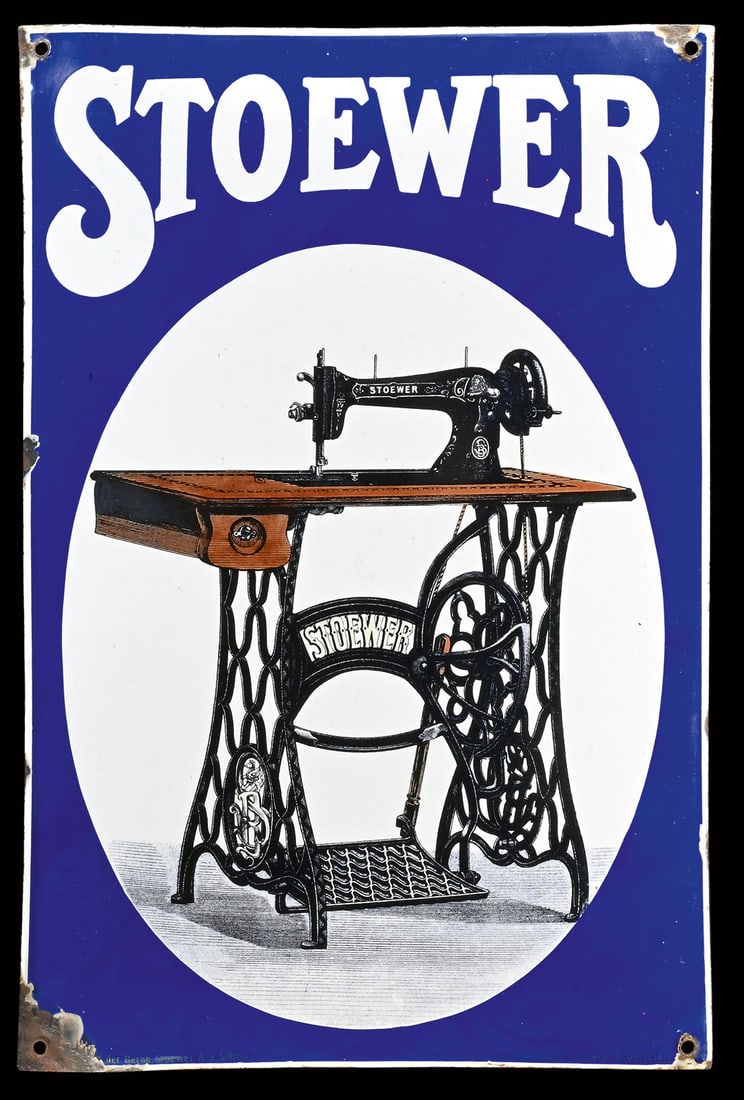 STOEWER NAEHMASCHINEN | RARE PORCELAIN SIGN | (2+): Porcelain sign ( Enamel sign ), convex, stenciled and lithographed, GER around 1910, 33 x 50 cm, Emaillierwerke Peters, Elberfeld, very beautiful gloss and colors | We do only sell old original pieces