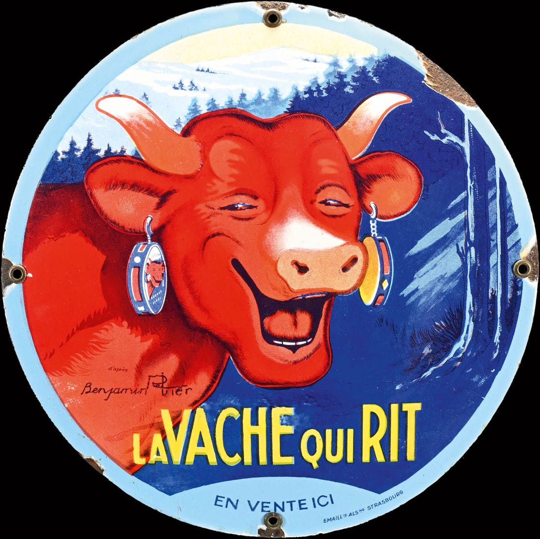 LA VACHE QUI RIT | PORCELAIN SIGN AFTER BENJAMIN RABIER | (2): Porcelain sign ( Enamel sign ), convex, stenciled and lithographed, F around 1930, diam. 28 cm, Emaill. Als. Strasbourg, signed: d'apres Benjamin Rabier, the small French version of the laughing cow i