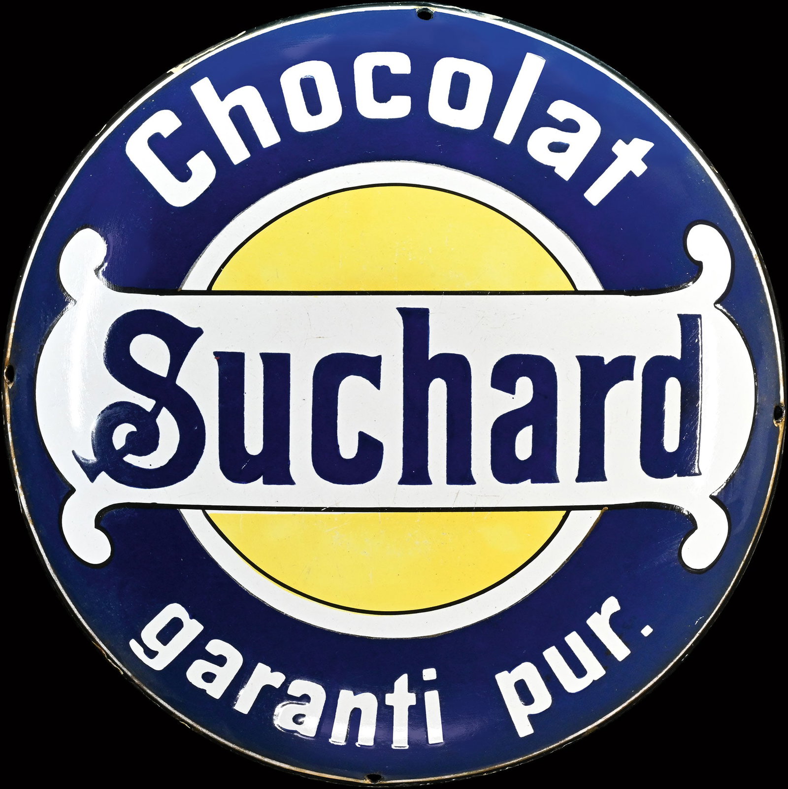 CHOCOLAT SUCHARD | PORCELAIN SIGN | (2): Porcelain sign ( Enamel sign ), convex, stenciled, CH around 1910, diam. 30 cm, although it does show some patina, this small Suchard button is in good condition with no major visible damage; it's bee