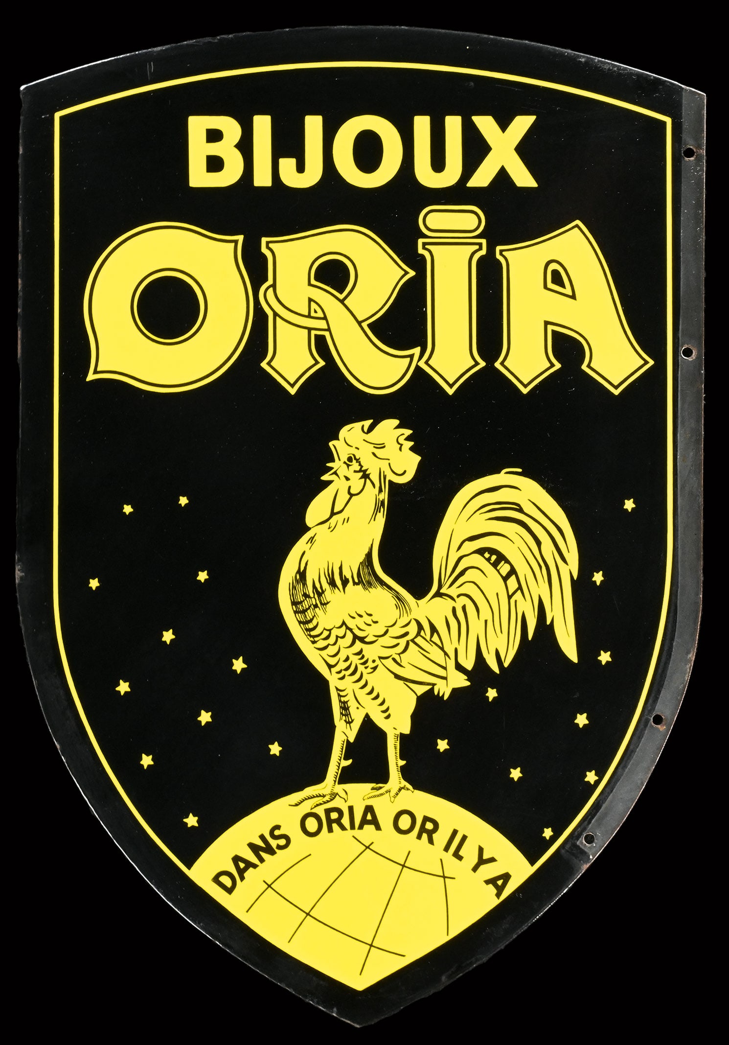 BIJOUX ORIA | PORCELAIN SIGN | DOUBLE SIDED HANGER | (1+): Porcelain sign ( Enamel sign ) as double-sided hanger, stenciled, F 1930s, 42 x 60 cm | We do only sell old original pieces - no reproductions or fakes. We pack in house, most items can be shipped ove
