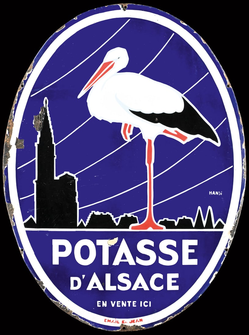 POTASSE D'ALSACE | PORCELAIN SIGN BY HANSI | (3): Porcelain sign ( Enamel sign ), stenciled, F around 1950, 60 x 80 cm, Email Ed Jean, signed: Hansi | We do only sell old original pieces - no reproductions or fakes. We pack in house, most items can b