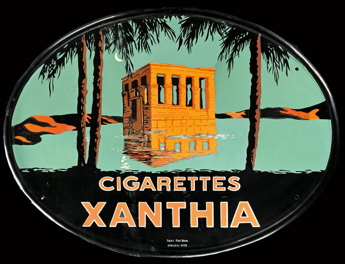XANTHIA CIGARETTES BY GEO DORIVAL | PORCELAIN SIGN | (R): Porcelain sign ( Enamel sign ), stenciled and lithographed, Genf/CH and BE late 1920s, 80 x 60 cm, in good visual condition, professionally restored and coated with gloss varnish, 'Cigarettes Xanthia'