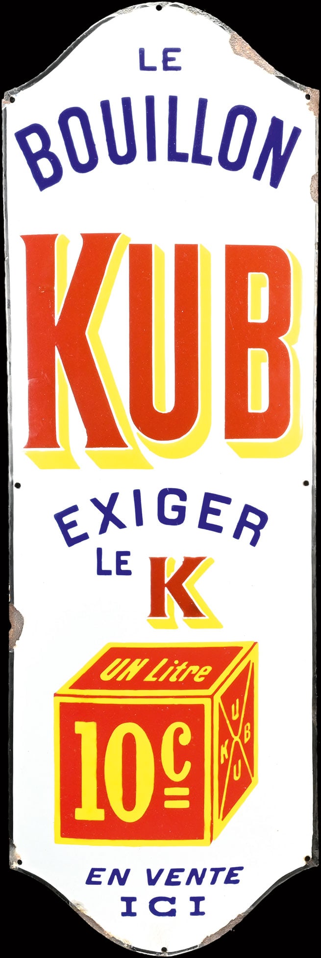 BOUILLON KUB | PORCELAIN SIGN | (2): Porcelain sign ( Enamel sign ), convex, thickly stenciled, F around 1920, 33 x 98 cm, very beautiful surface | We do only sell old original pieces - no reproductions or fakes. We pack in house, most i