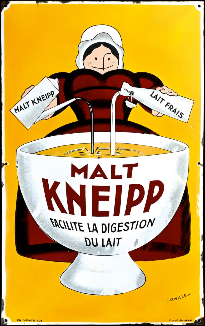 KNEIPP | RARE BIG SIZE PORCELAIN SIGN BY BEUVILLE | (R): Porcelain sign ( Enamel sign ), convex, stenciled and lithographed, F around 1920s, 50 x 80 cm, Email Ed. Jean, signed: Beuville, beautiful light orange version of the Kneipp lady, visually beautiful 