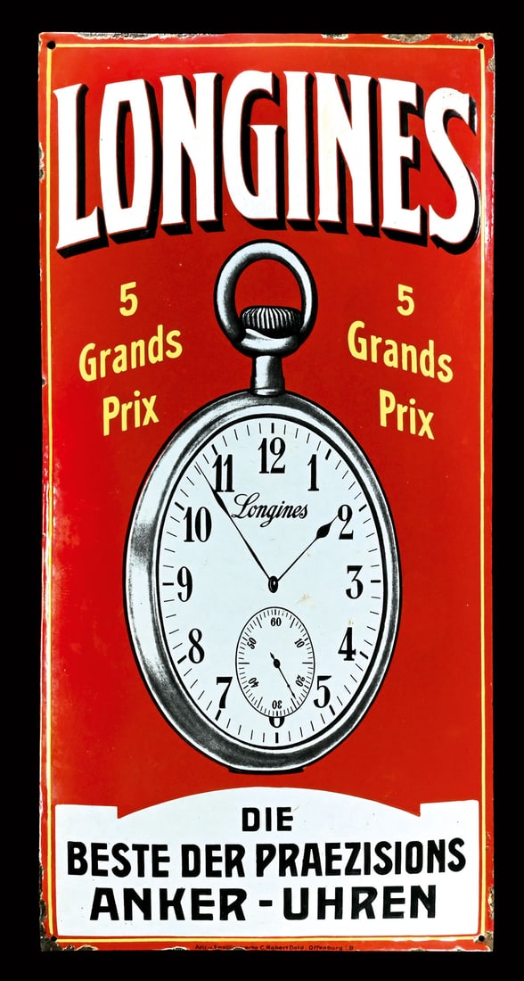 LONGINES | PORCELAIN SIGN | (R/3): Porcelain sign ( Enamel sign ), convex, stenciled and lithographed, CH/GER around 1910, 49 x 99 cm, Aetz- & Emaillierwerke C. Robert Dold, Offenburg in Baden, the rare, German-language variant in a st