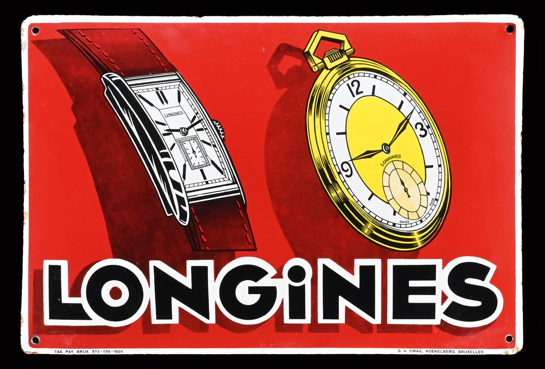 LONGINES | PORCELAIN SIGN | (1): Porcelain sign ( Enamel sign ), convex, stenciled and lithographed, BE 1935, 50 x 33 cm, S.A. Email Koekelberg, Bruxelles, heavy manufacturing in dreamlike condition, brilliant gloss, only few traces 