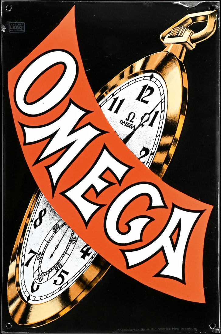 OMEGA | PORCELAIN SIGN BY ATELIER LEROI | (1): Porcelain sign ( Enamel sign ), convex, stenciled and lithographed, GER/CH 1920s, 33 x 49 cm, Frankfurter Emaillierwerke Neu-Isenburg, signed: Atelier Leroi, a timeless piece with deep black backgroun
