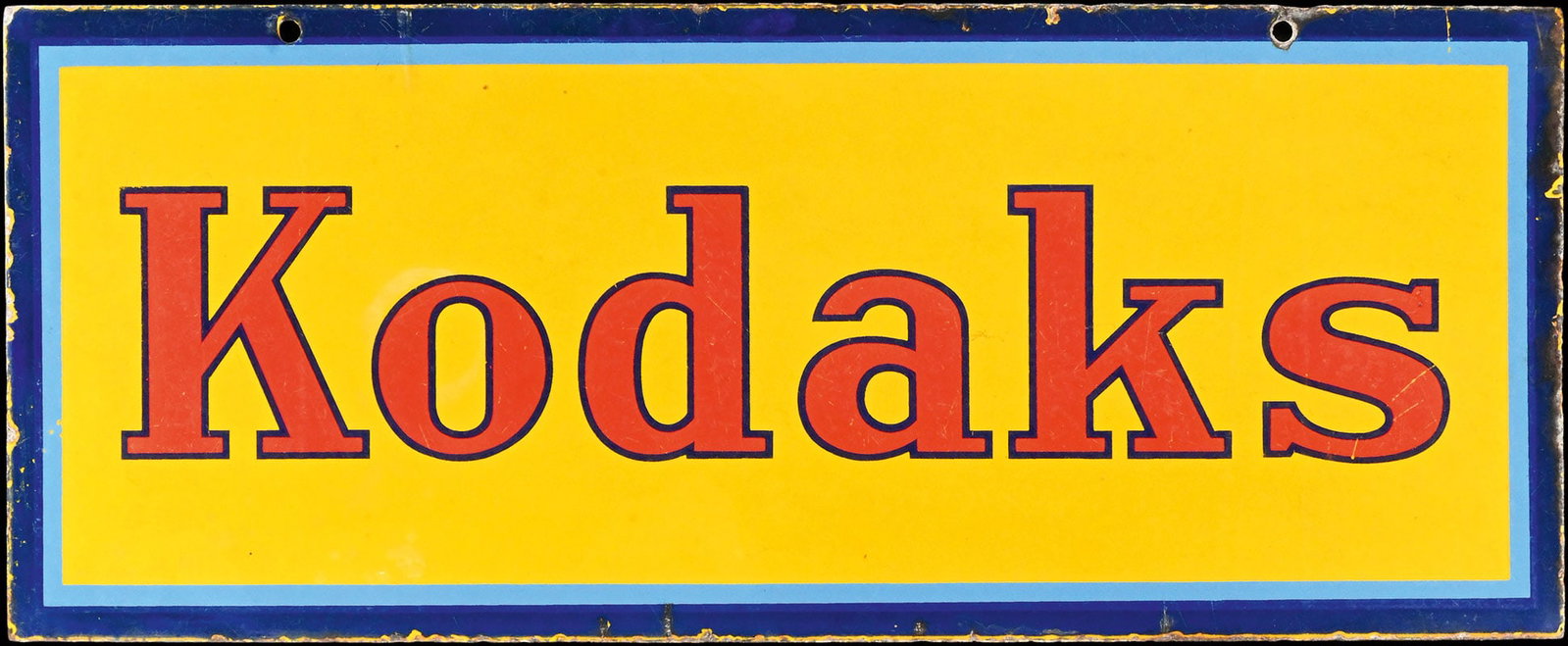 KODAKS | PORCELAIN SIGN | DOUBLE SIDED HANGER | (2): Porcelain sign ( Enamel sign ) as double-sided hanger, around 1930, 76 x 31 cm | We do only sell old original pieces - no reproductions or fakes. We pack in house, most items can be shipped overseas. 