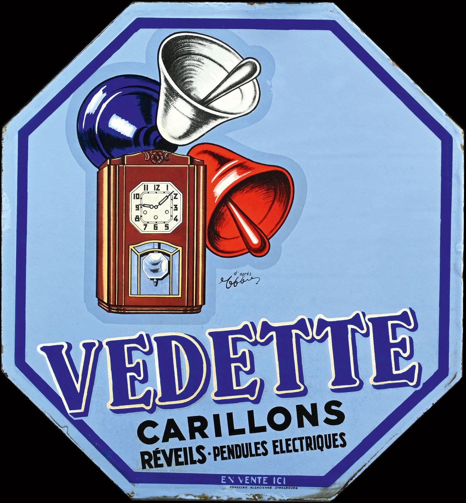 VEDETTE | PORCELAIN SIGN | (1): Porcelain sign ( Enamel sign ), double-sided, stenciled and lithographed, F 1930s, 46 x 50 cm, Emaillerie Alsacienne Strasbourg, illegibly signed: version with brown pendulum clock | We do only sell o