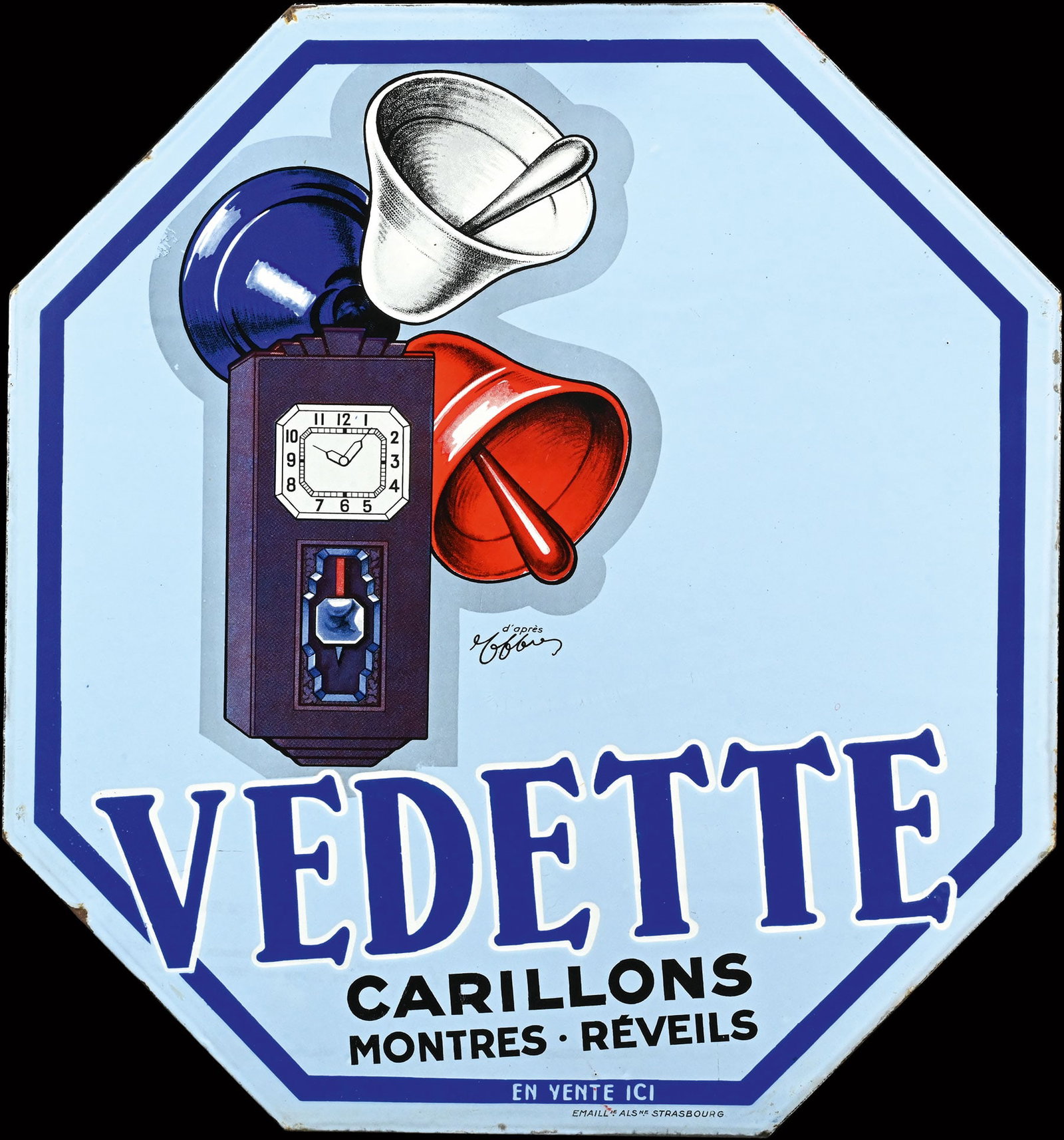 VEDETTE | PORCELAIN SIGN | (1): Porcelain sign ( Enamel sign ), double-sided, stenciled and lithographed, F 1930s, 46 x 50 cm, Emaillerie Alsacienne Strasbourg, illegibly signed: version with purple pendulum clock | We do only sell 