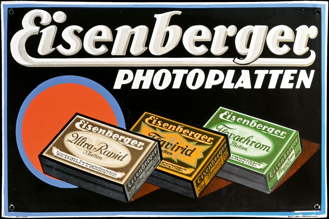 EISENBERGER PHOTOPLATTEN | RARE PORCELAIN SIGN | (1+): Porcelain sign ( Enamel sign ), convex and lithographed, GER around 1930, 60 x 40 cm, Pyro-Email, Boos & Hahn, Ortenberg-Baden, very glossy and with fresh colors | We do only sell old original pieces 