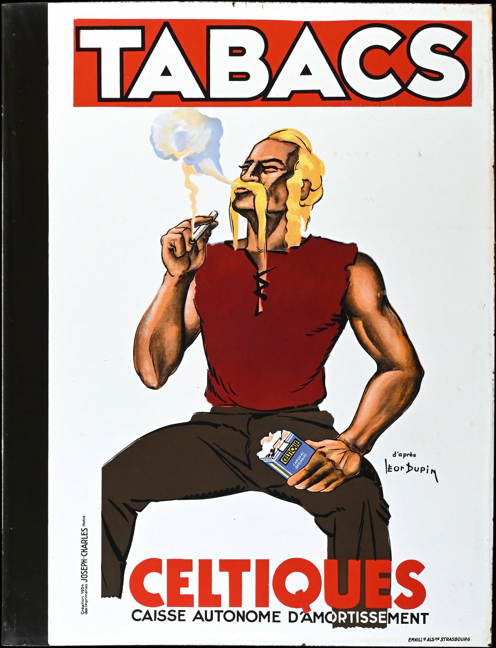 TABACS CELTIQUES | BALTO | PORCELAIN SIGN BY LEON DUPIN AND SEPO | DOUBLE SIDED FLANGE | (1+): Porcelain sign ( Enamel sign ) as double-sided flange, stenciled and lithographed, different depictions, F 1934, 50 x 65 cm, Emaill. Als. Strasbourg, signed: d'apres Leon Dupin (Celtique), Sepo (Balto