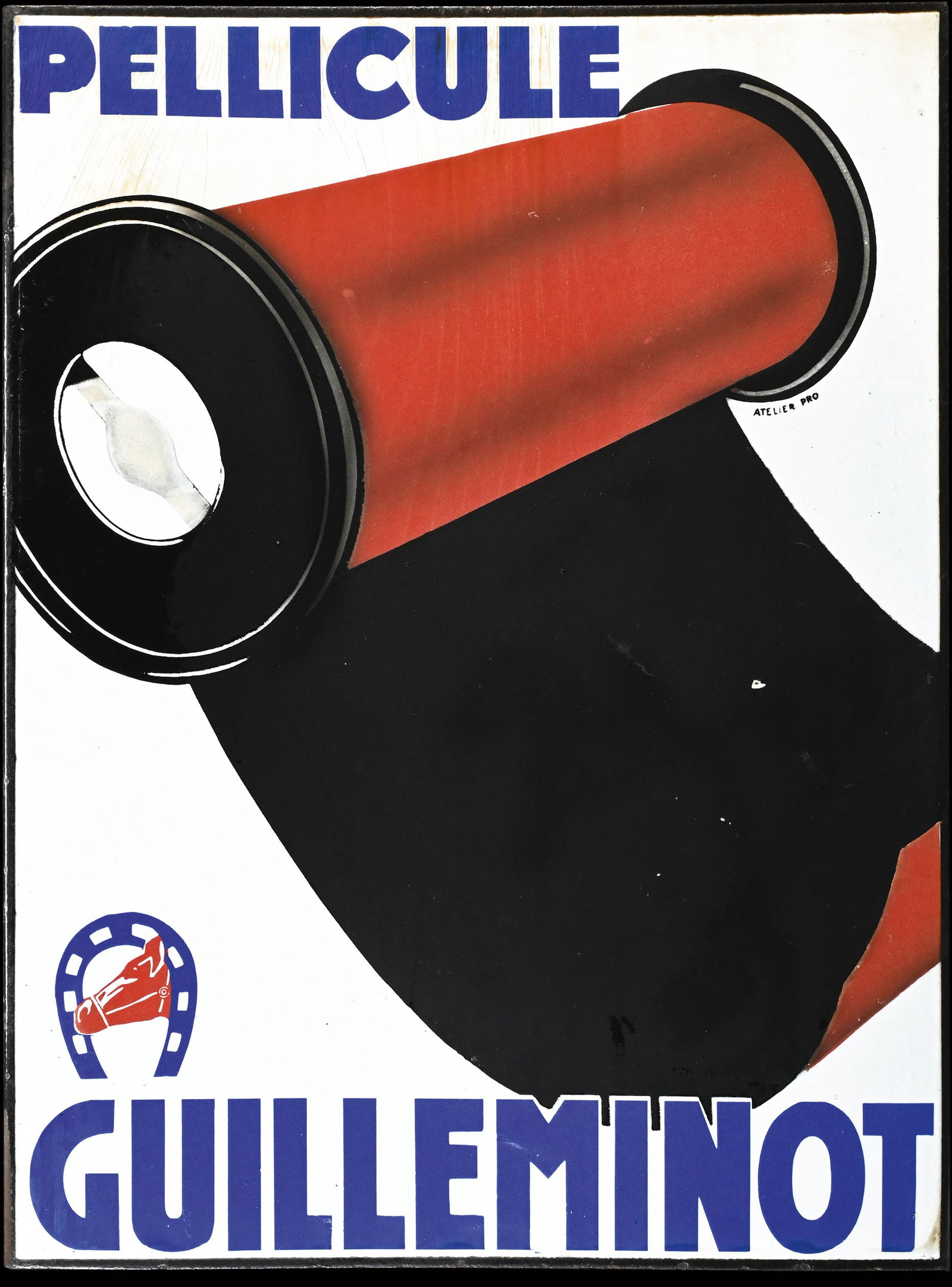 PELLICULE GUILLEMINOT | PORCELAIN SIGN | DOUBLE SIDED FLANGE | (1-2): Porcelain sign ( Enamel sign ) as double-sided flange, stenciled and lithographed, F around 1930, 46 x 60 cm, signed: Atelier Pro, both sides with traces of aging, heavy manufacturing | We do only sel