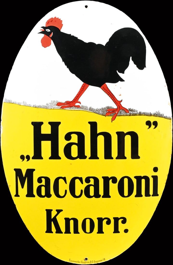 KNORR "HAHN" MACCARONI | RARE PORCELAIN SIGN | (1-): Porcelain sign ( Enamel sign ), convex, stenciled and lithographed, GER around 1910, 50 x 75 cm, Eisenwerke Gaggenau A.-G., Gaggenau i./B., the eye-catching, large-format version of the Knorr rooster.
