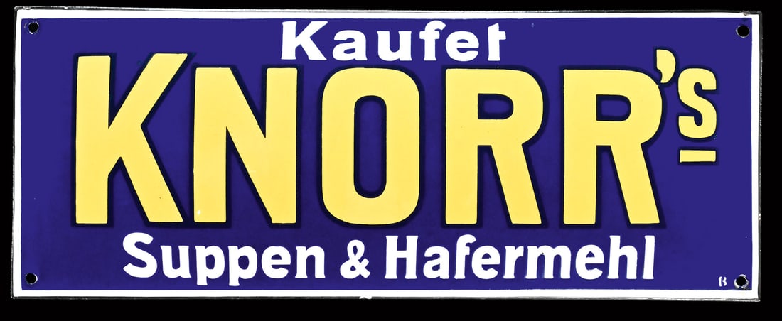 KNORR'S SUPPEN & HAFERMEHL | PORCELAIN SIGN | (1+): Porcelain sign ( Enamel sign ), convex, stenciled, GER around 1920, 49,5 x 19 cm, monogrammed: B, an ancient piece, the yellow stenciling was rather thinly applied, which caused this color to often fa