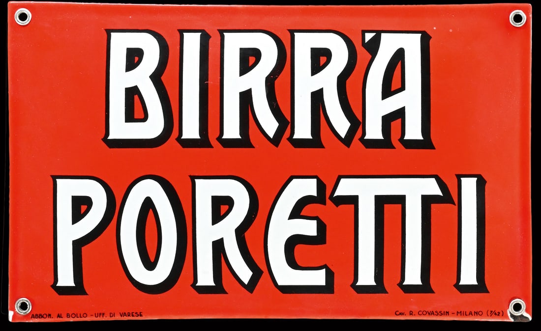 BIRRA PORETTI | PORCELAIN SIGN | (1): Porcelain sign ( Enamel sign ), convex, stenciled, IT July 1942, 40 x 24, Cav. R. Covassin - Milano, perfect gloss and colors | We do only sell old original pieces - no reproductions or fakes. We pack