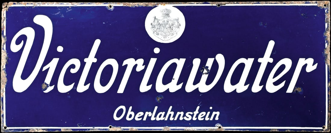 VICTORIAWATER OBERLAHNSTEIN | PORCELAIN SIGN | (3+): Porcelain sign ( Enamel sign ), convex, thickly stenciled, finely lithographed emblem, GER around 1910, 23 x 82 cm | We do only sell old original pieces - no reproductions or fakes. We pack in house, 