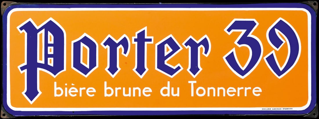 PORTER 39 | PORCELAIN SIGN | (1+): Porcelain sign ( Enamel sign ), stenciled, F around 1950, 64 x 23 cm, Emaillerie Alsacienne Strasbourg | We do only sell old original pieces - no reproductions or fakes. We pack in house, most items c