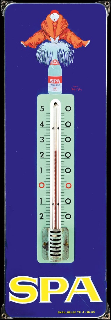 SPA | PORCELAIN SIGN BY JEAN D'YLEN | (1-): Porcelain sign ( Enamel sign ), stenciled, integrated thermometer (working), BE 1963, 22 x 67 cm, Artemail S.A. Brux, a beautiful Spa classic after Jean d'Ylen, traces of weathering yet with high glos