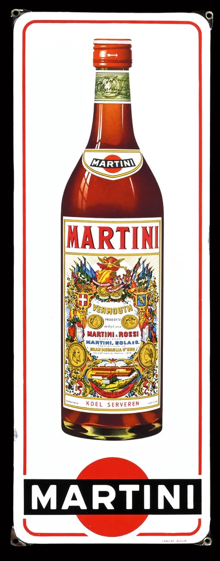 MARTINI | PORCELAIN SIGN | (1): Porcelain sign ( Enamel sign ), stenciled and lithographed NL 1950s, 23 x 62 cm, "Langcat" Holland, very rare, a modern classic | We do only sell old original pieces - no reproductions or fakes. We pa