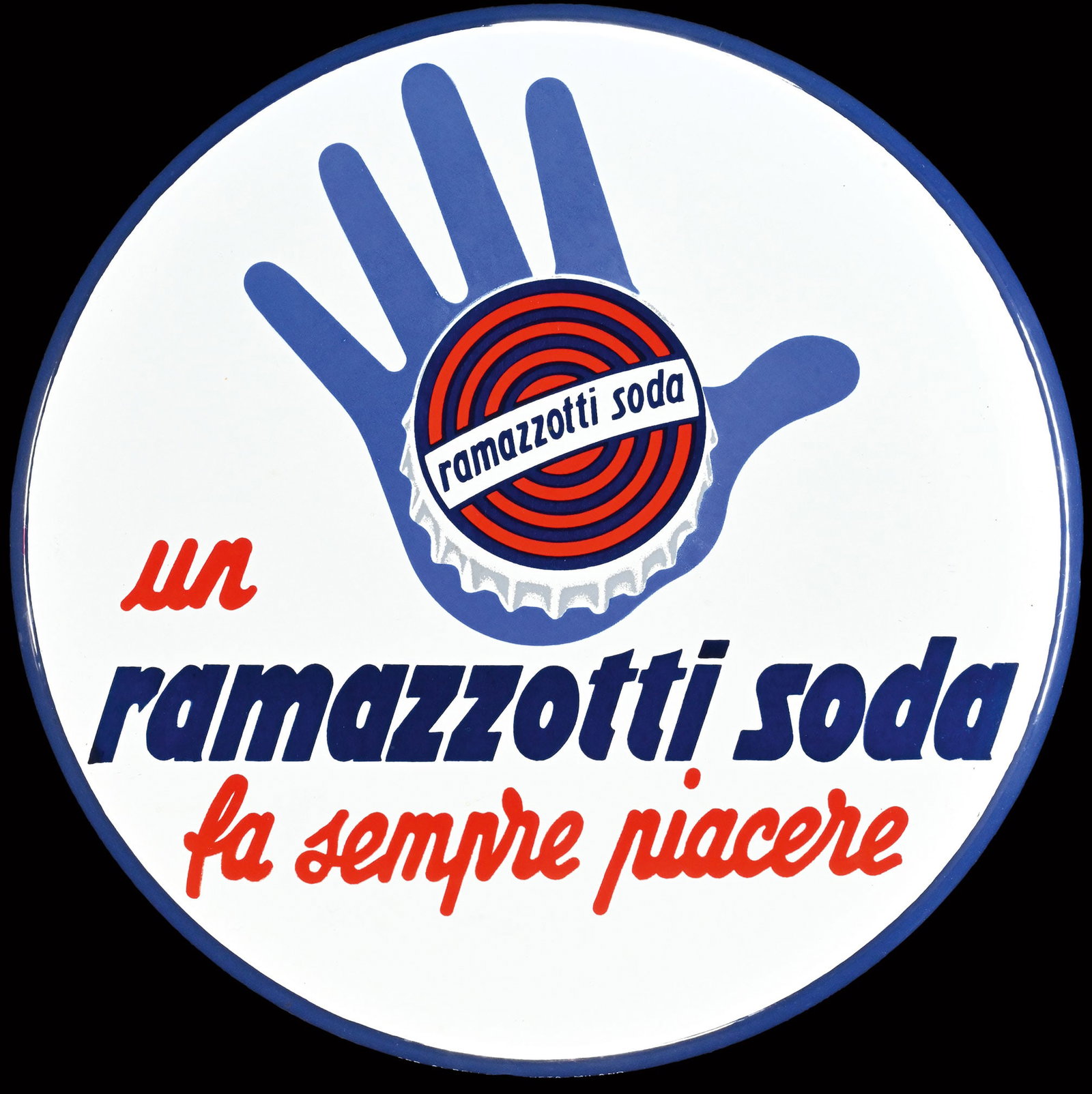 RAMAZZOTTI SODA | ICONIC PORCELAIN SIGN BY ARACA | (1+): Porcelain sign ( Enamel sign ), convex, stenciled and lithographed, IT around 1950, diam. 44,5 cm, Moneta-Milano, to bring this iconic drink in line with the spirit of the times, Ramazotti Soda was de