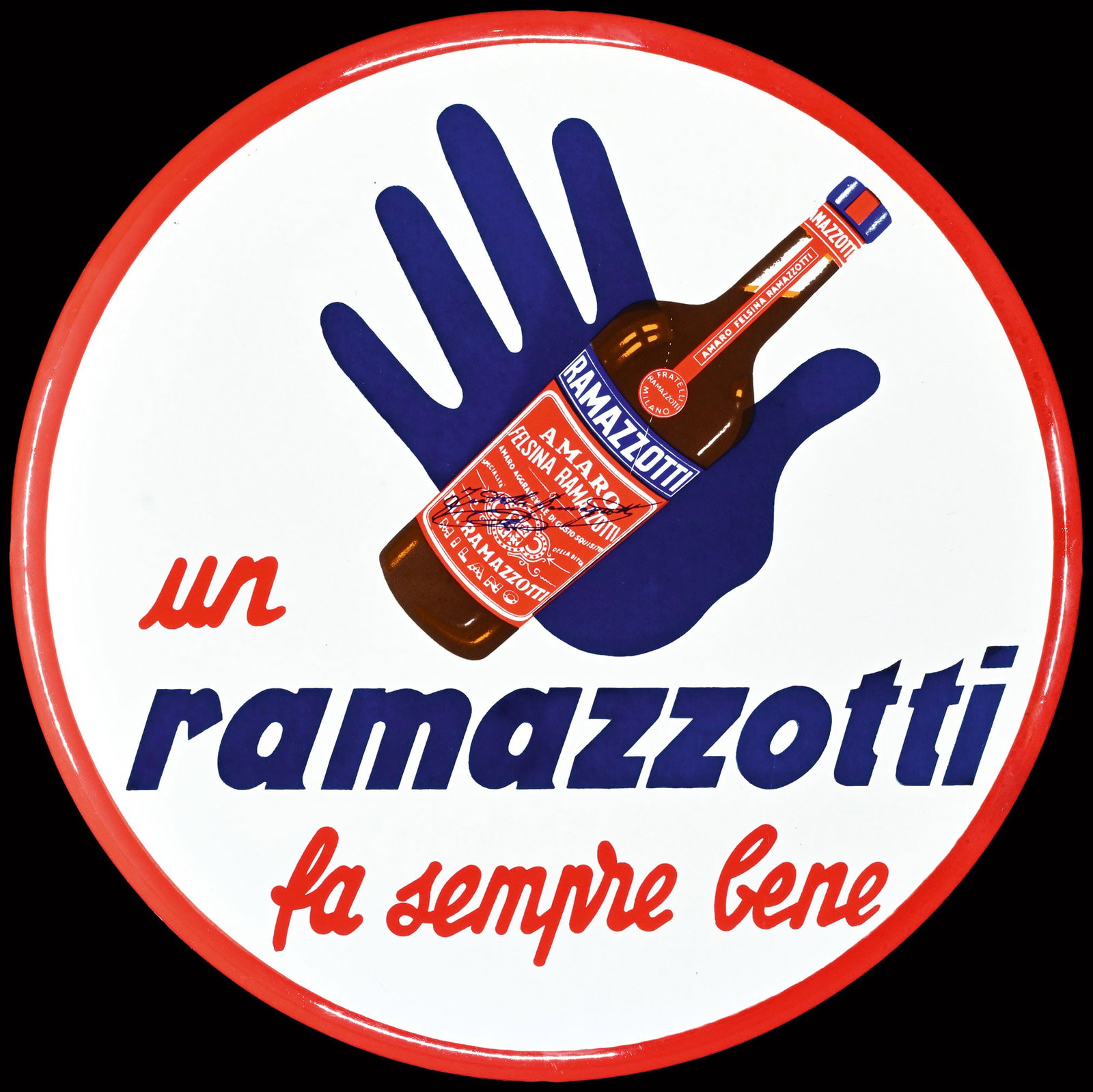 RAMAZZOTTI | ICONIC PORCELAIN SIGN BY ARACA | (1+): Porcelain sign ( Enamel sign ), convex, stenciled and lithographed, IT around 1950, diam. 44,5 cm, Moneta-Milano, reminiscent of the "Stop!" gesture, the Italian artist Araca (aka Enzo Forlivesi Monta