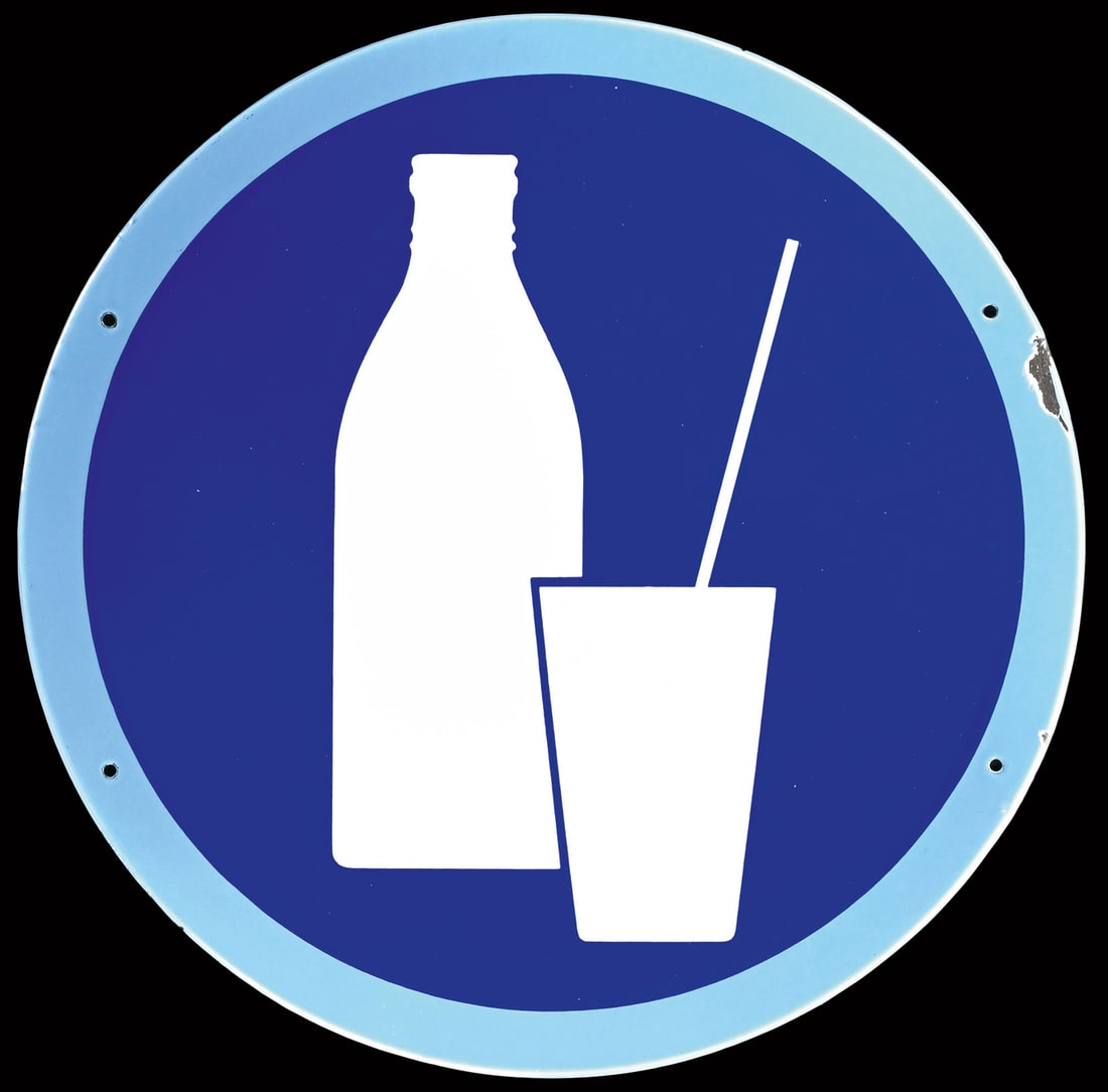MILCH | PORCELAIN SIGN | (1): Porcelain sign ( Enamel sign ), stenciled, GER/AT/CH around 1950, diam. 59 cm, almost pop-artesque, an eye-catcher for your kitchen | We do only sell old original pieces - no reproductions or fakes. W
