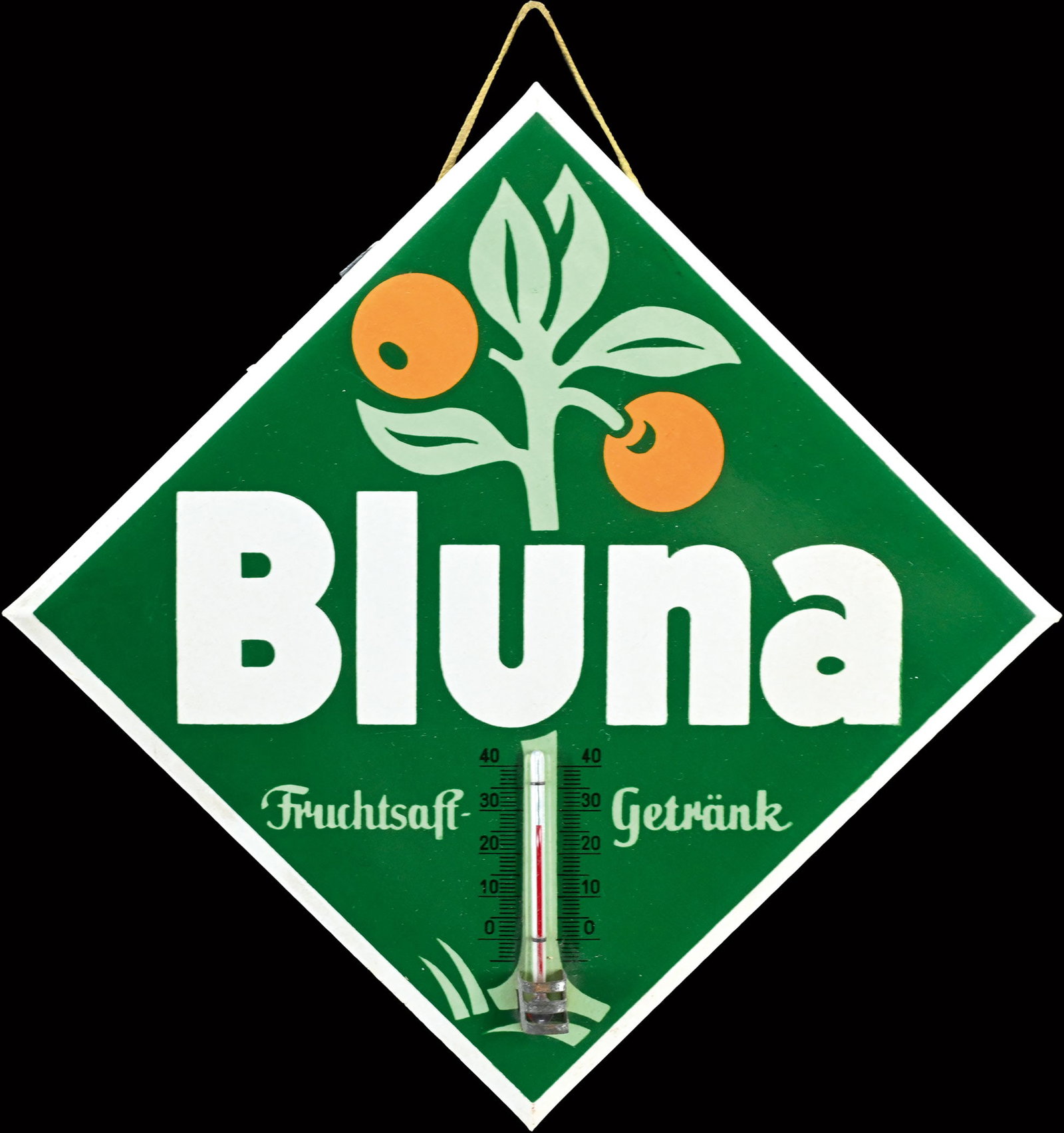 BLUNA FRUCHTSAFT-GETRAENK | TIN SIGN | (1): Tin sign, celluloid coating, integrated thermometer (original and working), GER around 1960, 28 x 28 cm | We do only sell old original pieces - no reproductions or fakes. We pack in house, most items 