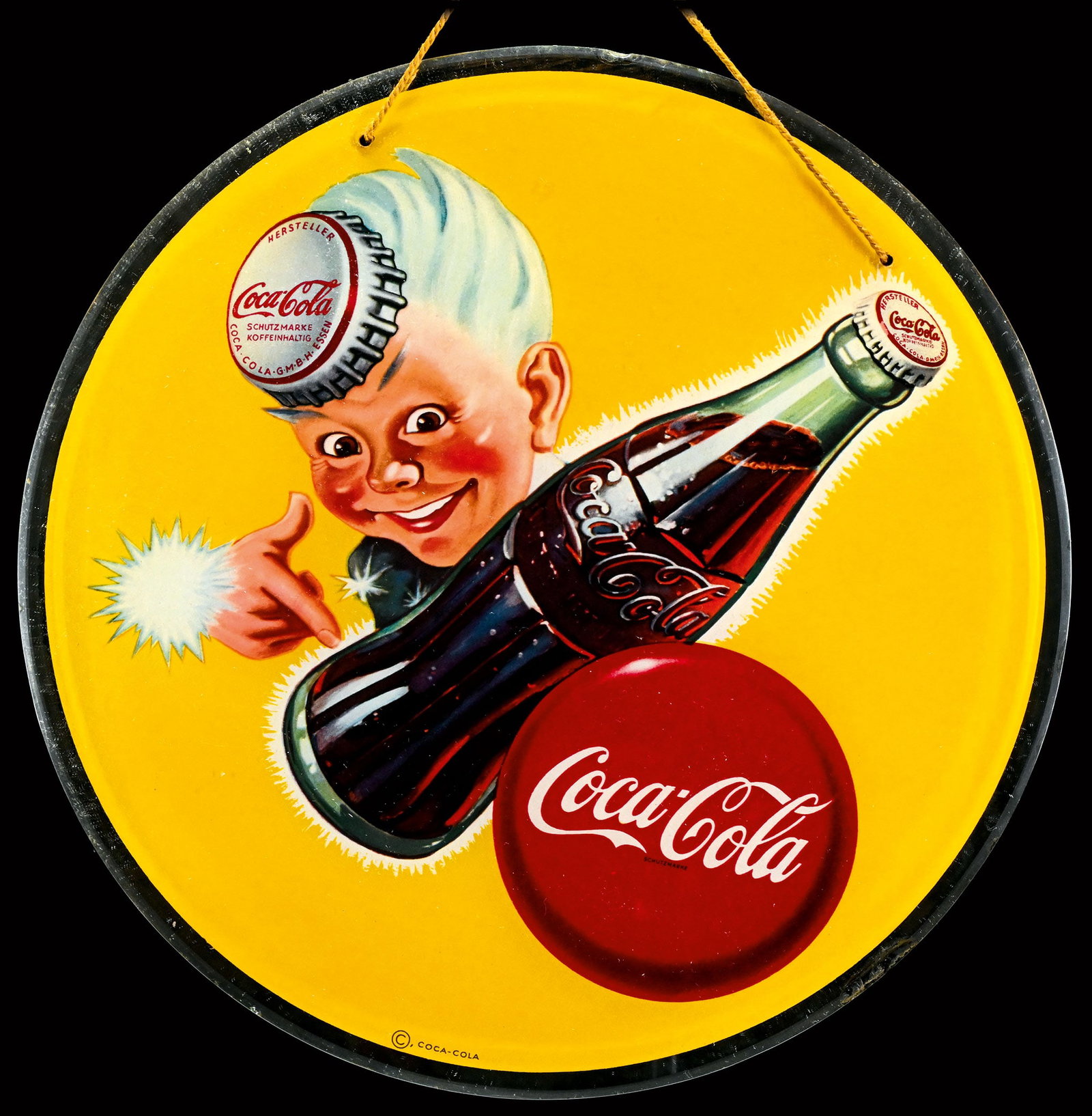 COCA-COLA | GLASS ADVERTISING SIGN | (1-): Reverse glass lithograph, 1950s, diam. 25 cm, beautiful small format with the Sprite boy | We do only sell old original pieces - no reproductions or fakes. We pack in house, most items can be shipped 