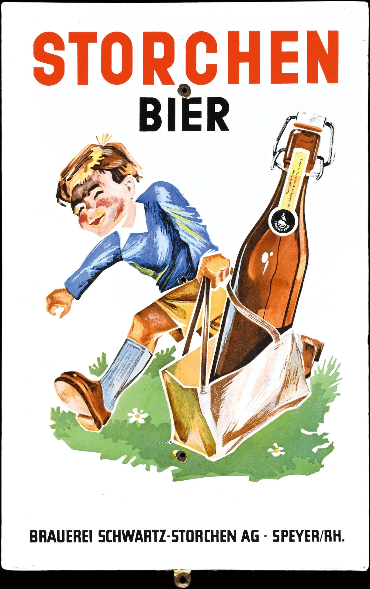 STORCHEN BIER | PORCELAIN SIGN | (2): Porcelain sign ( Enamel sign ), stenciled, GER around 1950, 38 x 58 cm, Titan-Email, a true classic, three holes show it was mounted on a post, colors and gloss are wonderfully preserved | We do only 