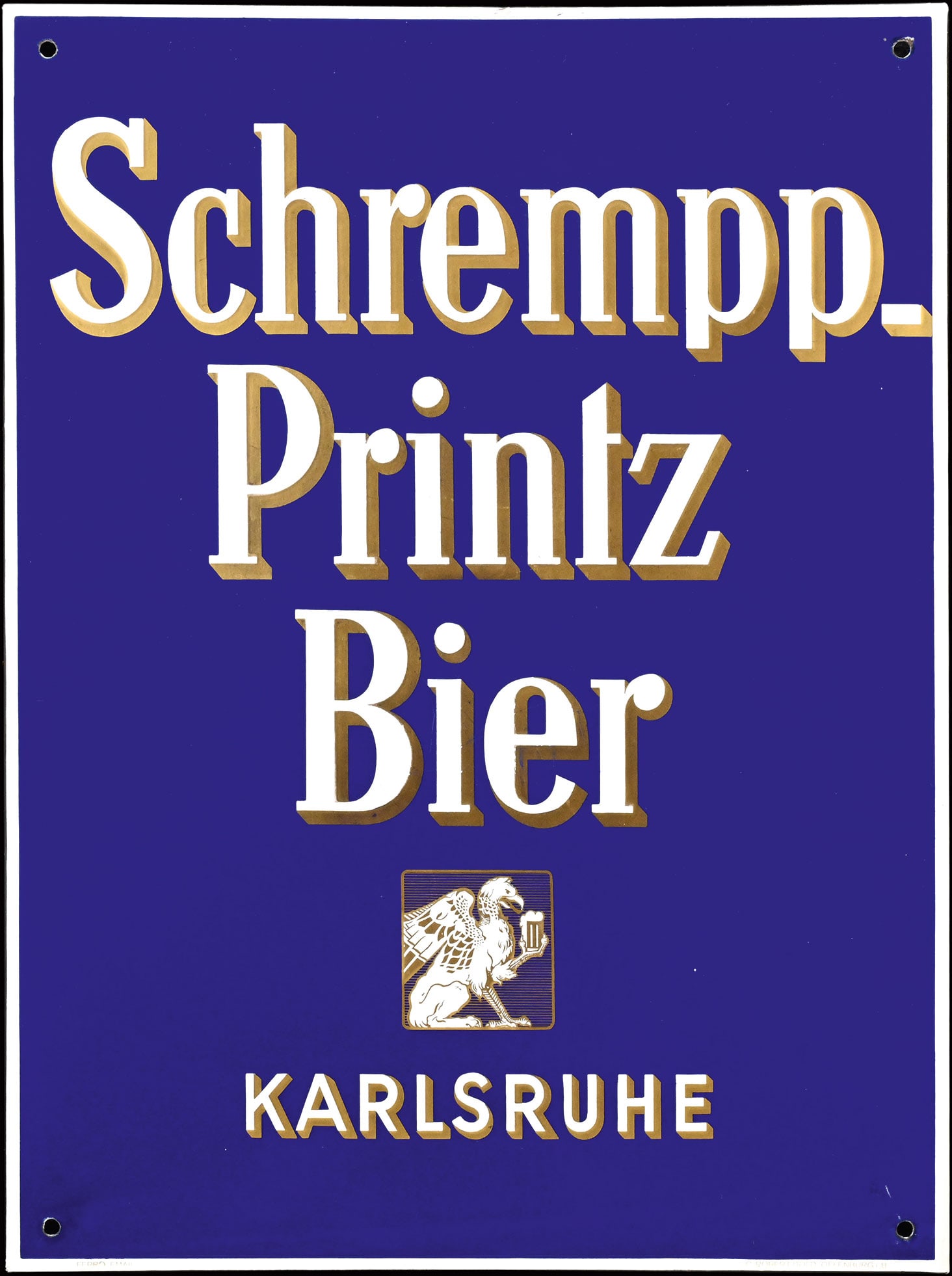 SCHREMPP-PRINTZ BIER | PORCELAIN SIGN | (1): Porcelain sign ( Enamel sign ), stenciled, GER around 1950, 45 x 60 cm, Ferro-Email, C. Robert Dold, Offenburg i.B. | We do only sell old original pieces - no reproductions or fakes. We pack in house,