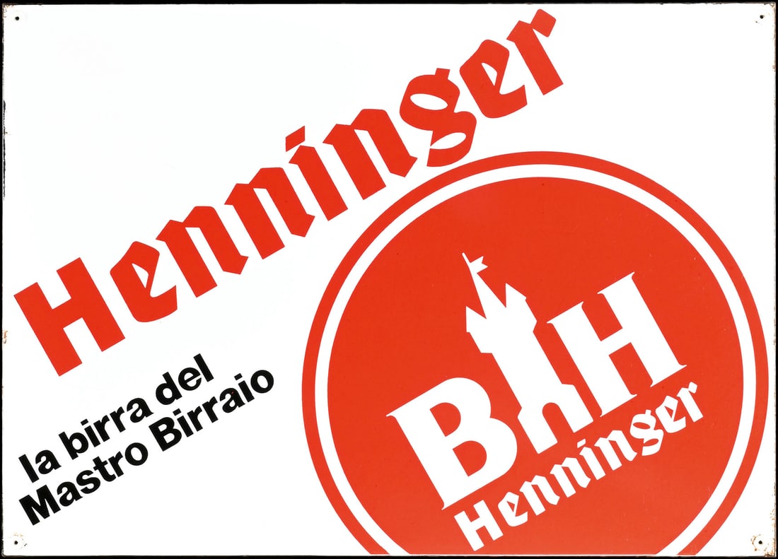 HENNINGER BIER | PORCELAIN SIGN | (1): Porcelain sign ( Enamel sign ), stenciled, IT 1950s, 70 x 50 cm, rare production for the Italian market | We do only sell old original pieces - no reproductions or fakes. We pack in house, most items 