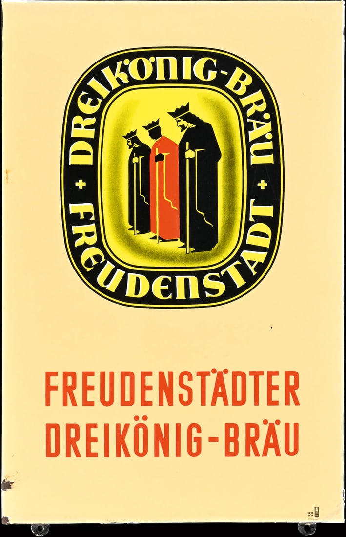 FREUDENSTAEDTER DREIKOENIG BRAEU | PORCELAIN SIGN | (1-2): Porcelain sign ( Enamel sign ), stenciled and lithographed, GER 1950s, 38 x 58 cm, Pyro-Email, Boos & Hahn, Ortenberg/Baden | We do only sell old original pieces - no reproductions or fakes. We pack i