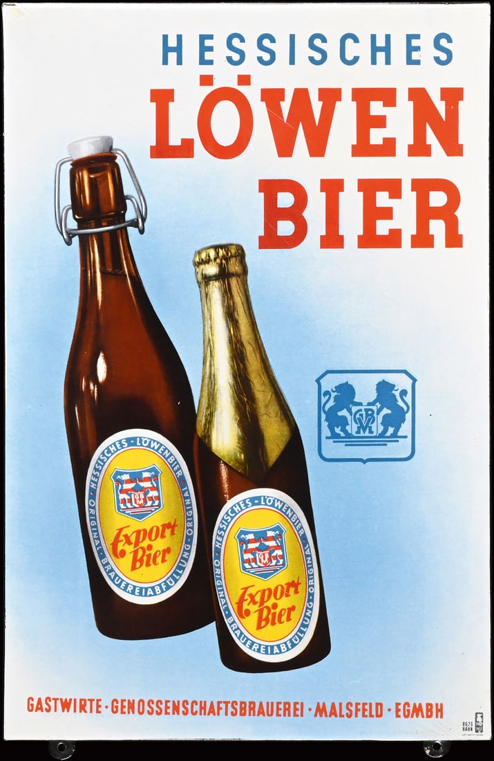 HESSISCHES LOEWEN BIER | PORCELAIN SIGN | (1): Porcelain sign ( Enamel sign ), stenciled and lithographed, GER around 1950, 38 x 58 cm, Pyro-Email, Boos & Hahn, Ortenberg/Baden, small, touched-up corner damage | We do only sell old original pieces