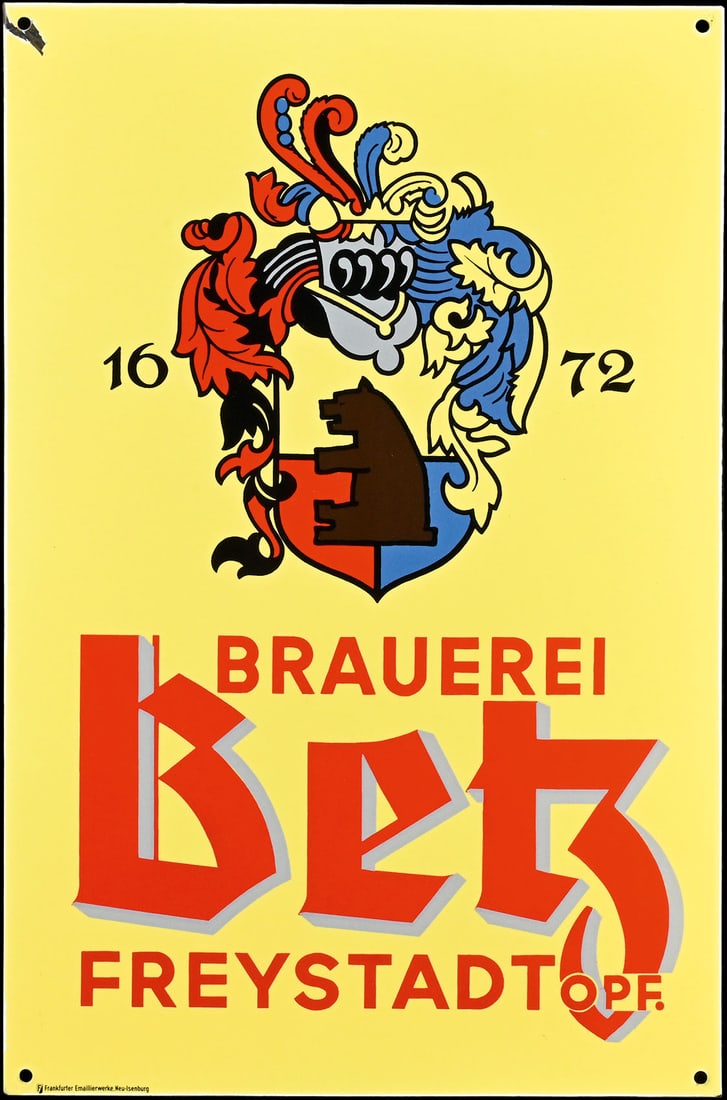 BRAUEREI BETZ | PORCELAIN SIGN | (1): Porcelain sign ( Enamel sign ), stenciled, GER around 1950, 38 x 58 cm, Frankfurter Emaillierwerke, Neu-Isenburg | We do only sell old original pieces - no reproductions or fakes. We pack in house, mo