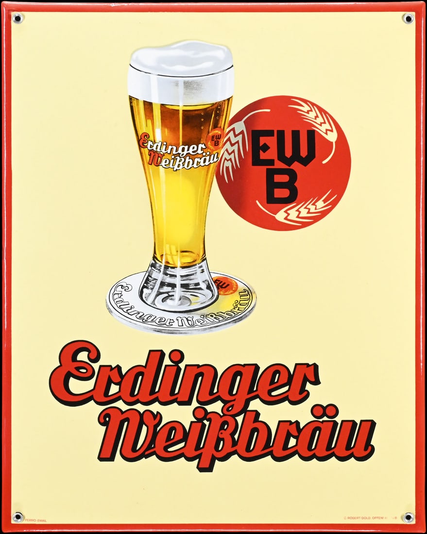 ERDINGER WEIssBRAeU | PORCELAIN SIGN | (1+): Porcelain sign ( Enamel sign ), stenciled and lithographed, around 1950, 38 x 48 cm, Ferro-Email, C. Robert Dold, Offenburg i.B. | We do only sell old original pieces - no reproductions or fakes. We p