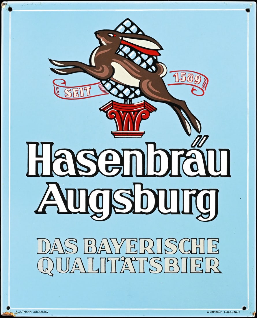 HASENBRAEU AUGSBURG | PORCELAIN SIGN | (1): Porcelain sign ( Enamel sign ), stenciled, GER around 1950, 41 x 51 cm, A. Dambach, Gaggenau | We do only sell old original pieces - no reproductions or fakes. We pack in house, most items can be ship