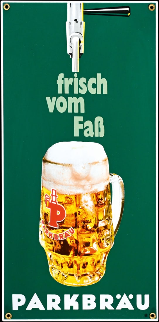 PARKBRAEU | PORCELAIN SIGN | (1+): Porcelain sign ( Enamel sign ), stenciled, GER 1960s, 30 x 60 cm, Pyro-Email, Boos & Hahn, Ortenberg/Baden, slightly distorted due to the manufacturing process | We do only sell old original pieces - 