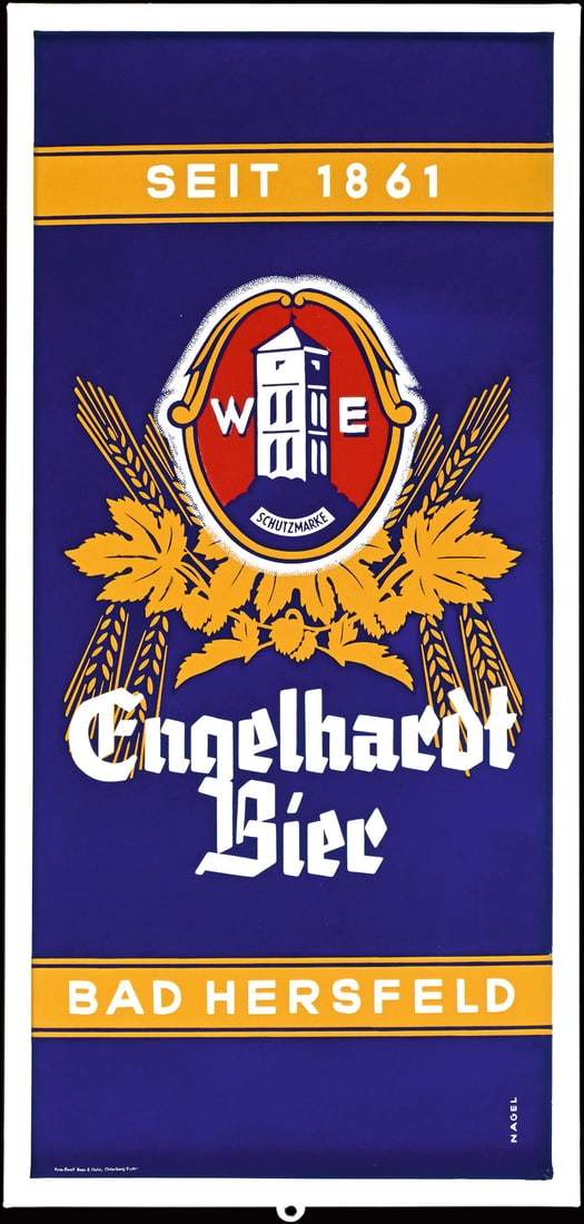 ENGELHARDT BIER | PORCELAIN SIGN | (1+): Porcelain sign ( Enamel sign ), stenciled, GER around 1960, 32 x 68 cm, Pyro-Email, Boos & Hahn, Ortenberg-Baden | We do only sell old original pieces - no reproductions or fakes. We pack in house, mo