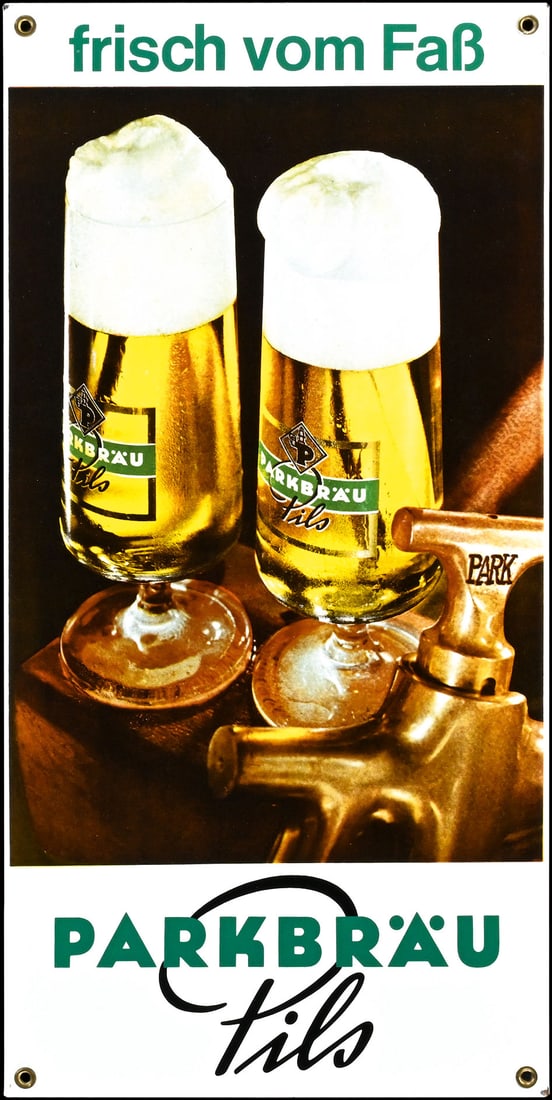 PARKBRAEU | PORCELAIN SIGN | (1+): Porcelain sign ( Enamel sign ), stenciled, GER around 1970, 30 x 60 cm, Pyro-Email, Boos & Hahn, Ortenberg/Baden, slightly distorted due to the manufacturing process | We do only sell old original pie
