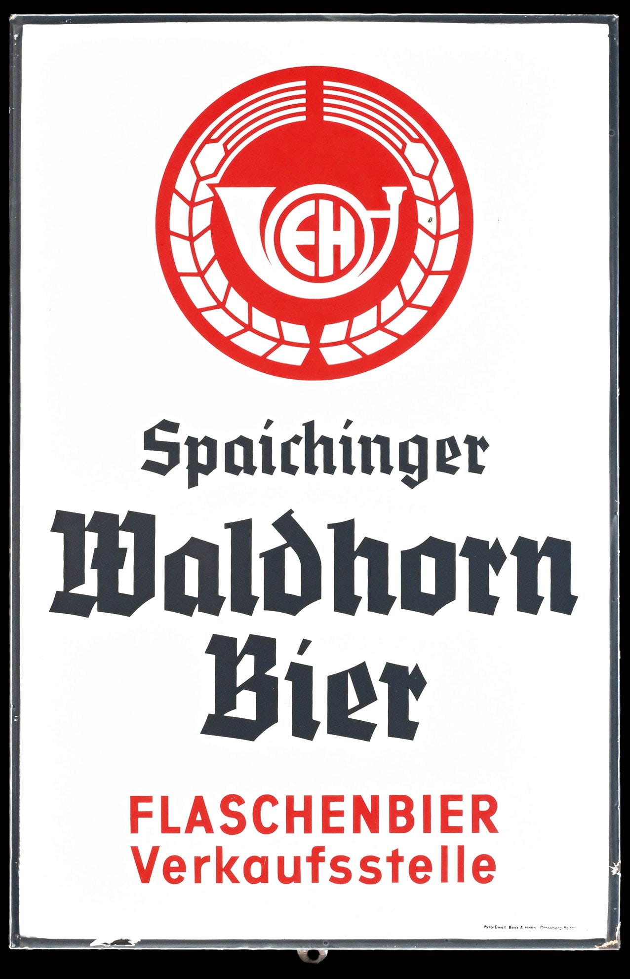 WALDHORN BIER | PORCELAIN SIGN | (1-2): Porcelain sign ( Enamel sign ), stenciled, GER 1950s, 31 x 48 cm, Pyro-Email, Boos & Hahn, Ortenberg/Baden | We do only sell old original pieces - no reproductions or fakes. We pack in house, most ite