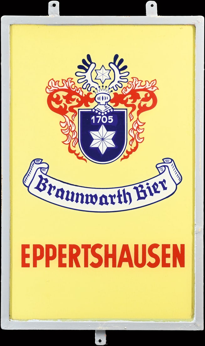 BRAUNWARTH BIER | ADVERTISING SIGN | (1+): Reverse glass print in original frame, GER 1930s, 32 x 48 cm, a fresh find still in the original protection paper | We do only sell old original pieces - no reproductions or fakes. We pack in house, m