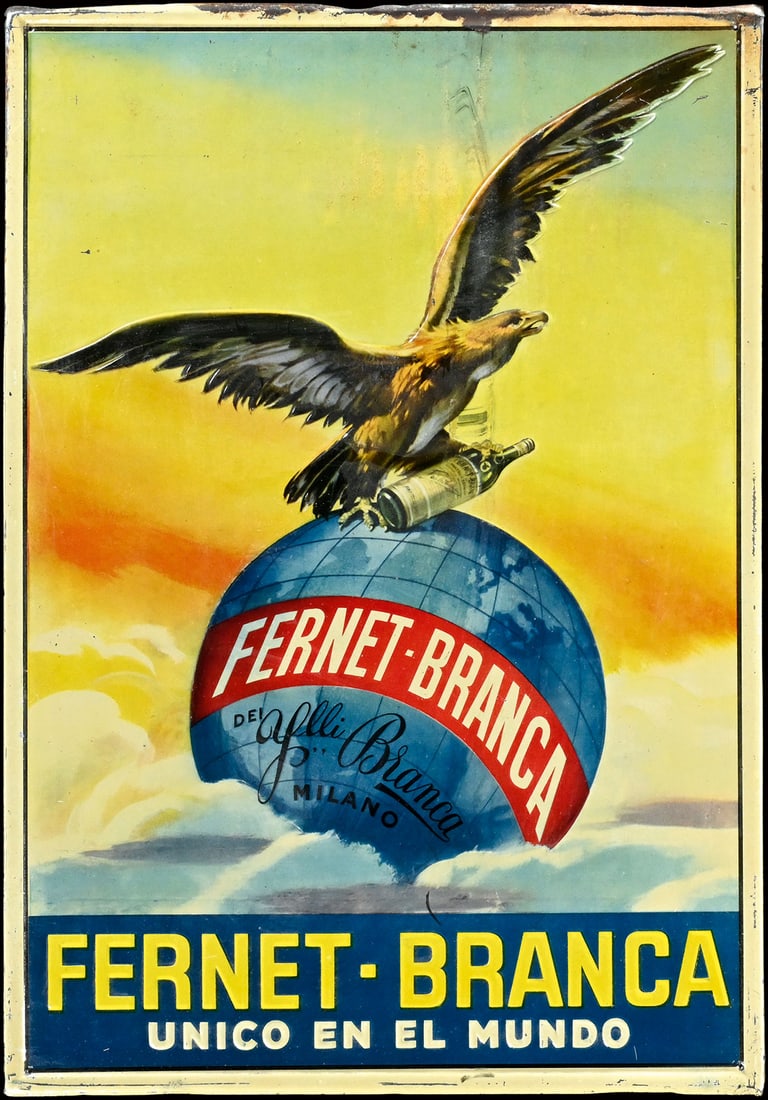 FERNET-BRANCA | TIN SIGN | (1-2): Tin sign, embossed and lithographed, IT/ARG around 1950, 35 x 50 cm | We do only sell old original pieces - no reproductions or fakes. We pack in house, most items can be shipped overseas. Wooden crat