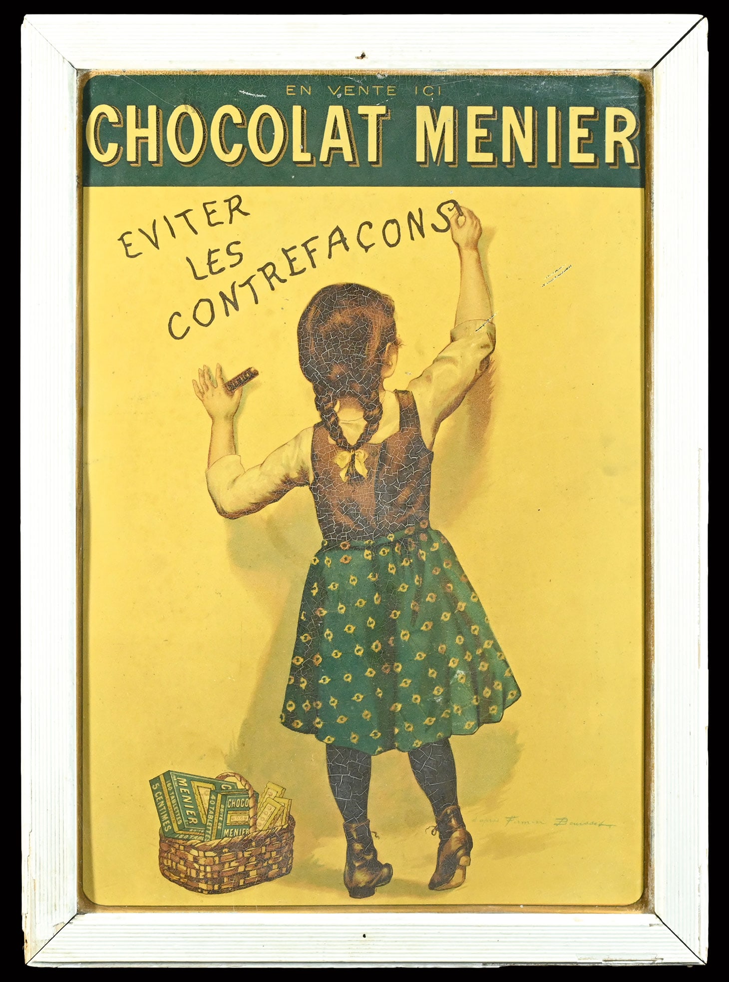 CHOCOLAT MENIER | TIN SIGN BY FIRMIN BOUISSET | (2): Tin sign in original frame, lithographed, F around 1910, 39 x 55 cm, signed: d'apres Firmin Bouisset, fine cracks in the paint, framed with character | We do only sell old original pieces - no reprodu