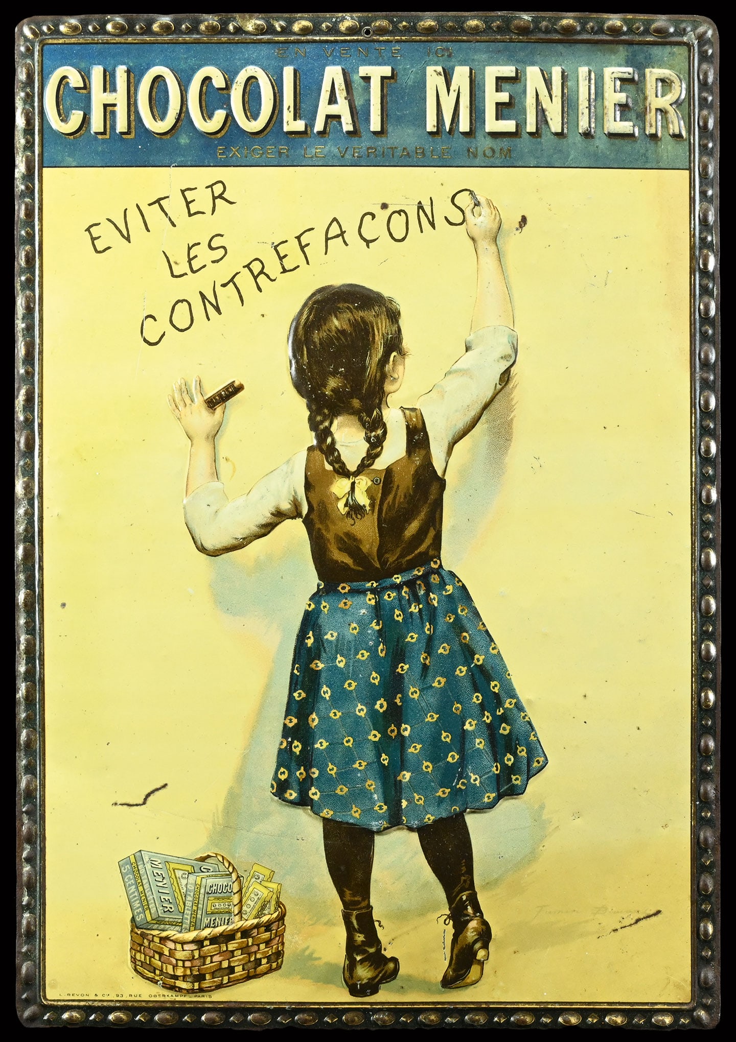 CHOCOLAT MENIER | TIN SIGN BY FIRMIN BOUISSET | (2): Tin sign, embossed, lithographed, F around 1910, 35 x 50 cm, L. Revon & Cie, Paris, signed: Firmin Bouisset, slightly pale colors | We do only sell old original pieces - no reproductions or fakes. We 